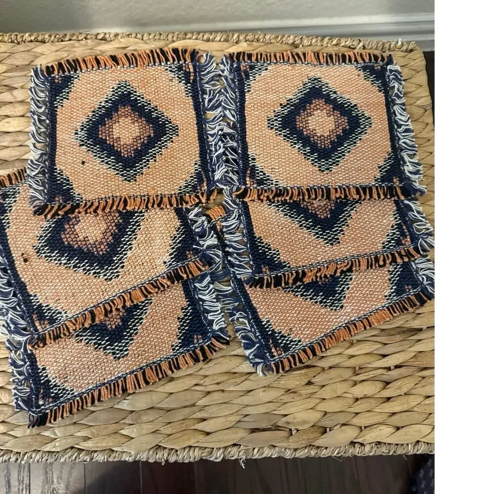 Set of 6 Woven Southwestern Reversible Coasters Mug Rugs Fringe 6x6